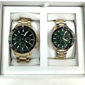 Fossil Golden Green Chronograph Stainless Steel Couples Watch Set BQM2754SET